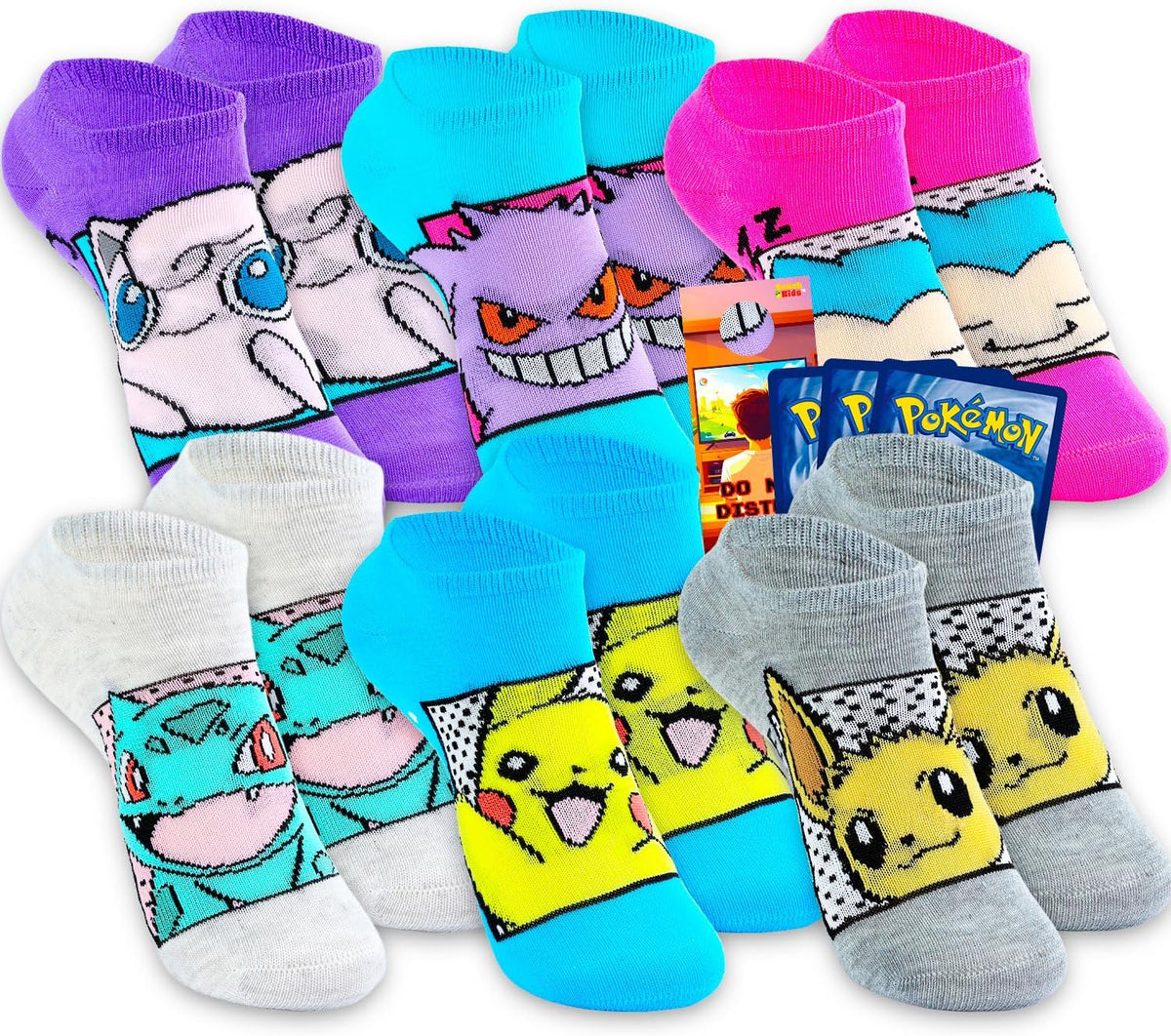 Pokemon No Show Socks For Kids 6 Pack - Bundle with 6 Pairs of No Show Socks Size 10.5-4 for Ages 6-8 Featuring Pikachu, Eevee, Snorlax, More | Pokemon Footwear For Kids
