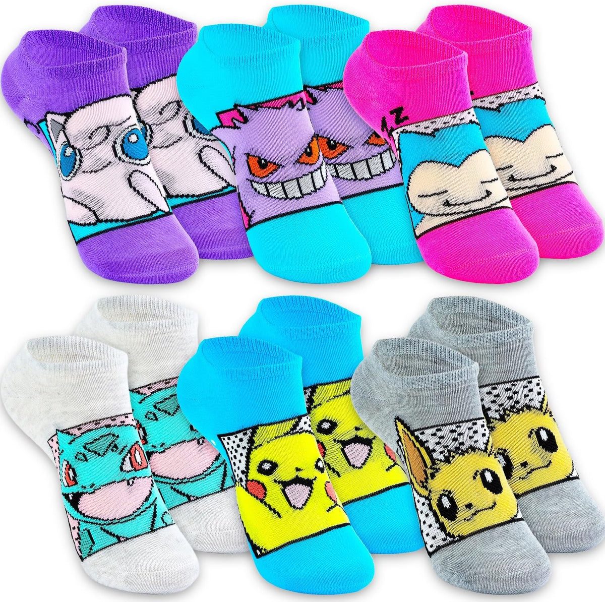 Pokemon No Show Socks For Kids 6 Pack - Bundle with 6 Pairs of No Show Socks Size 10.5-4 for Ages 6-8 Featuring Pikachu, Eevee, Snorlax, More | Pokemon Footwear For Kids