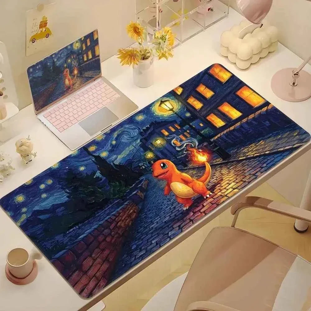 Cute Psyduck Gaming Leather Mouse Pad PC Pikachu Large Size Gamer Keyboard Pokemon Desktop Mouse Mat Starry Night Tablecloth