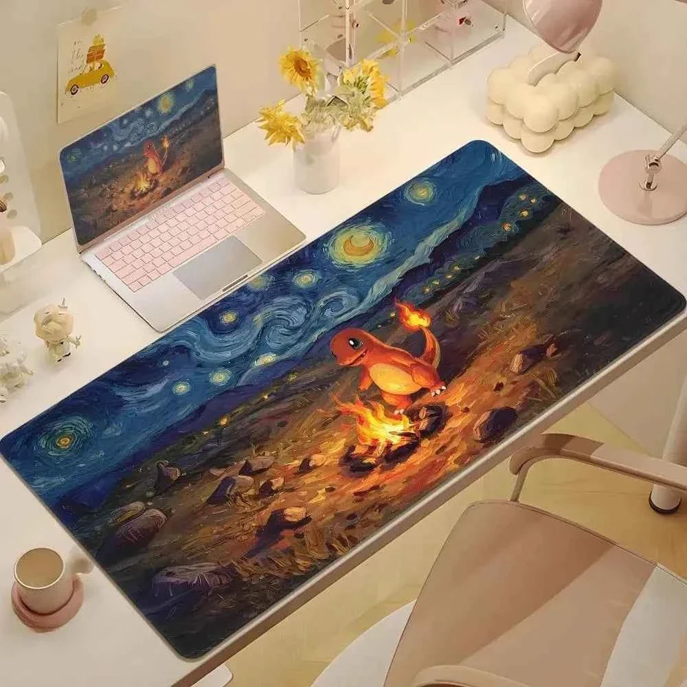 Cute Psyduck Gaming Leather Mouse Pad PC Pikachu Large Size Gamer Keyboard Pokemon Desktop Mouse Mat Starry Night Tablecloth