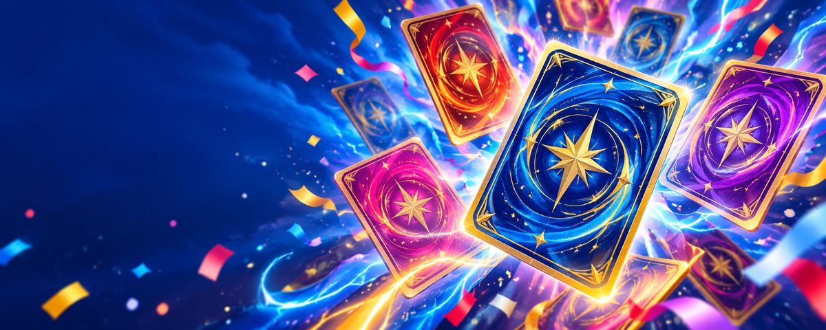 Colorful floating collectible cards with electric sparks